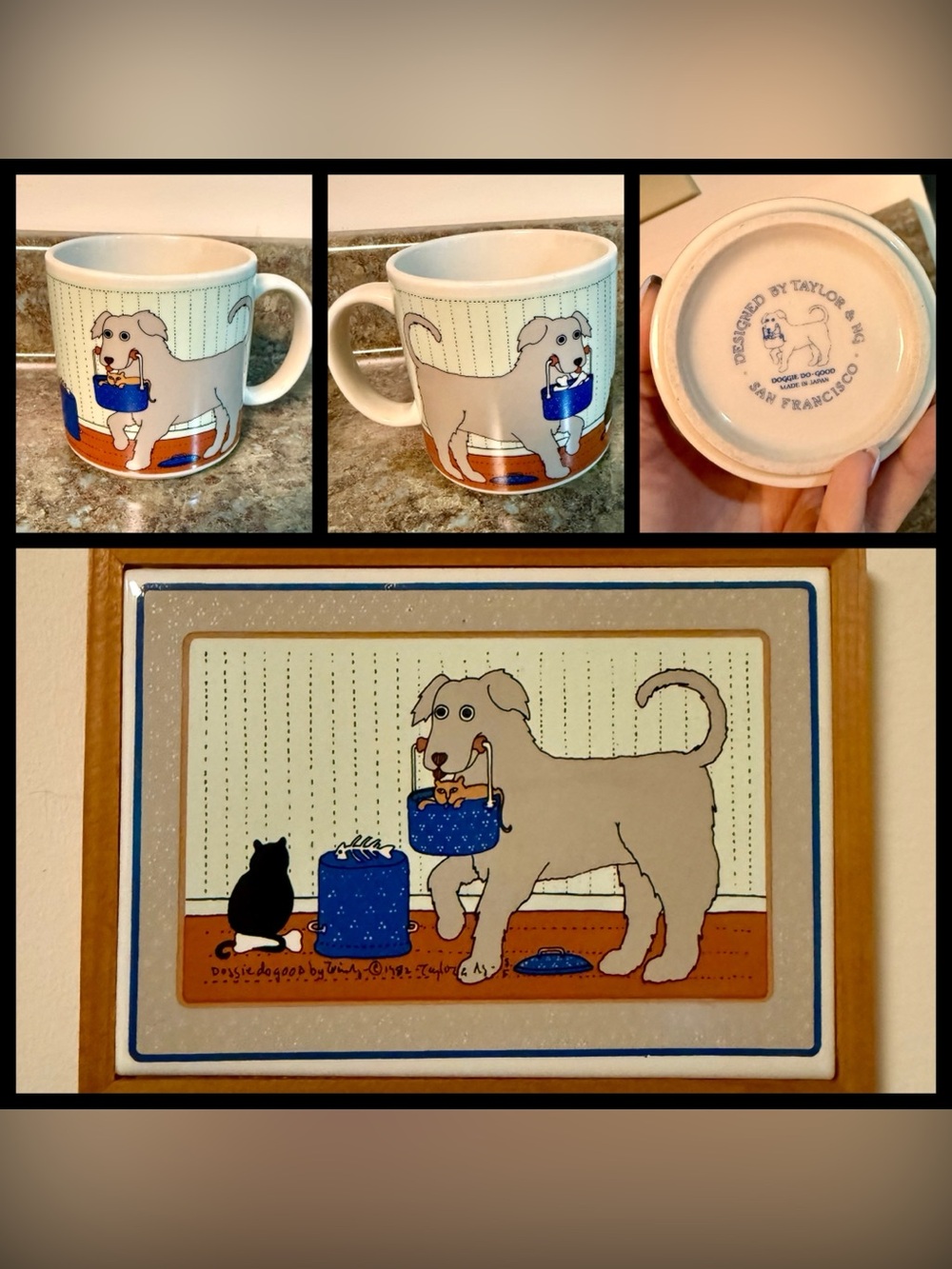 Vtg 1982 Taylor & Ng Doggie Do-Good Set - Mug & Framed Tile Trivet - Win Ng